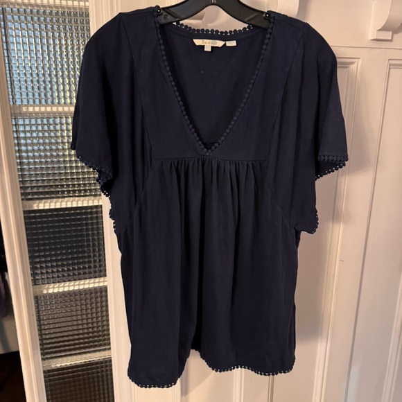 Boden Women’s Navy Blue Peasant Top  Shirt Sleeves Embroidered Trim Sz 10 - Picture 2 of 13